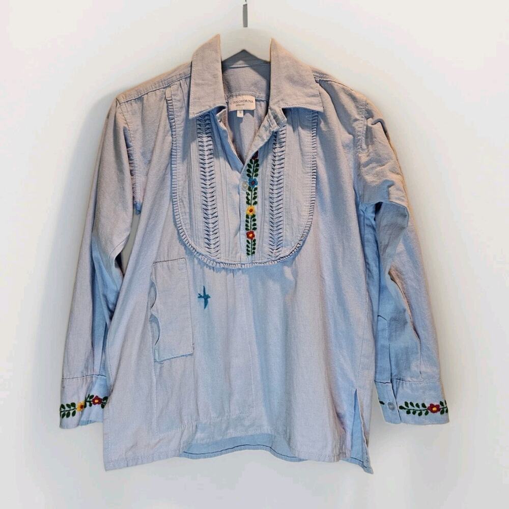 Mi Golondrina Chambray Blue Sz S Blouse Top Button Floral Embroidered Colorful